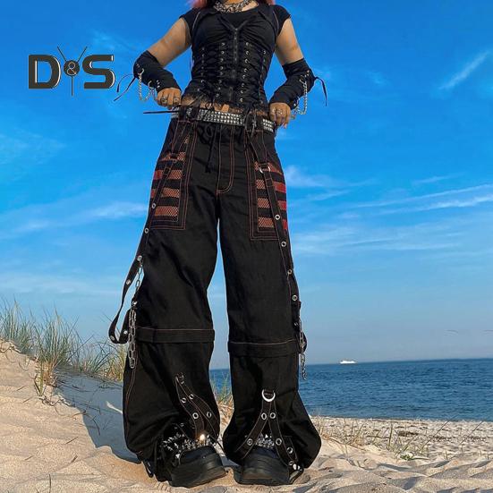 Women Pants High Waist Color Block Wide Leg Casual Trousers Loose Fit Retro Cool Long Pants Streetwear