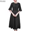 ZANZEA Women Casual Round Neck Flare Sleeve Elegant Lace Patchwork Long Dress