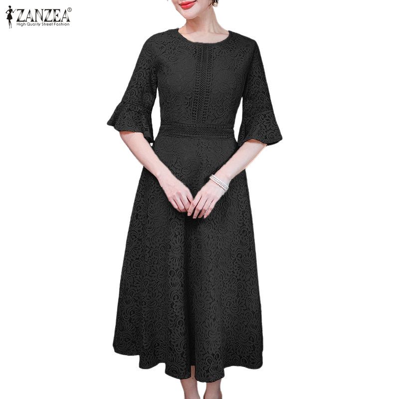 ZANZEA Women Casual Round Neck Flare Sleeve Elegant Lace Patchwork Long Dress