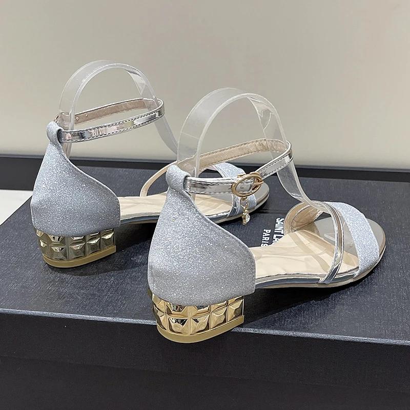 Fashion 2025Summer New  Sexy Word Buckle Sandals  Fairy Style Small Wild Low-Heeled Fashion  Female Gold Silver Sandals