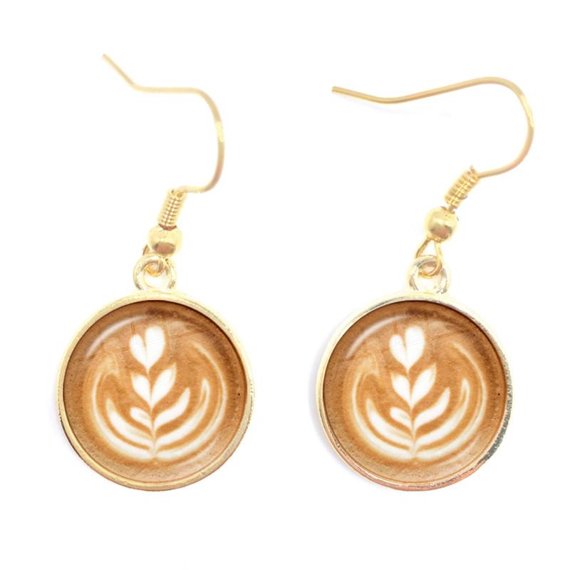 Coffee Latte Carving Love Heart Art Drop Earrings Chocolate Printing Flower Charm Jewelry For Women Gift Wholesale
