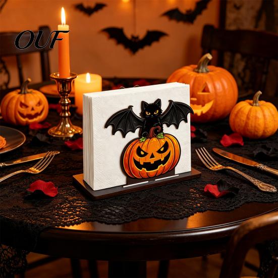 Pumpkin Napkin Holder Halloween Wooden for Table, Black Cat Bat Paper Stand Standing Dispenser, Towel Holiday Party Decor