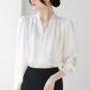 Elegant V-Neck Satin Blouse Women Slim Fit Lightweight Office Shirt 2026 Pure Color