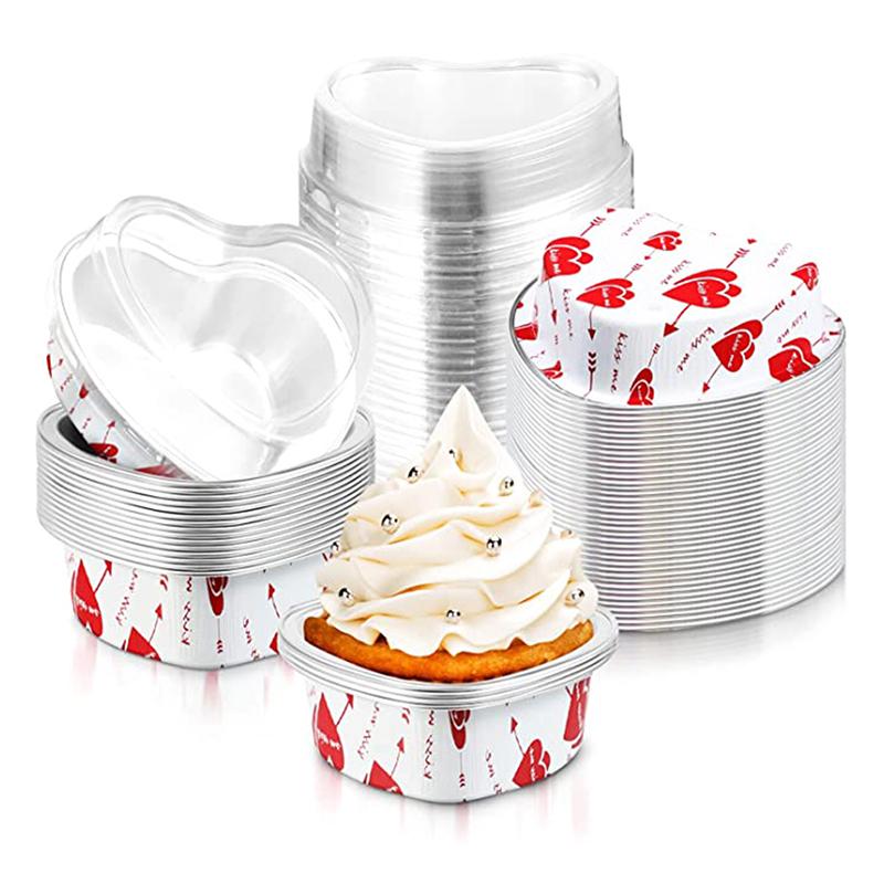 10Pcs/Set 100Ml Heart Shaped Aluminum Foil Cake Cup With Lids Baking Pans
