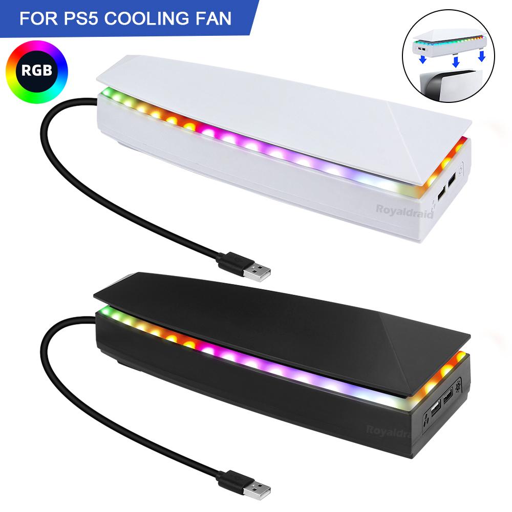 White Upper Cooling Fan Base Game Cooler Stand Bracket with RGB Atmosphere Colorful Lighting LED for PS5 Console with Dust Cover