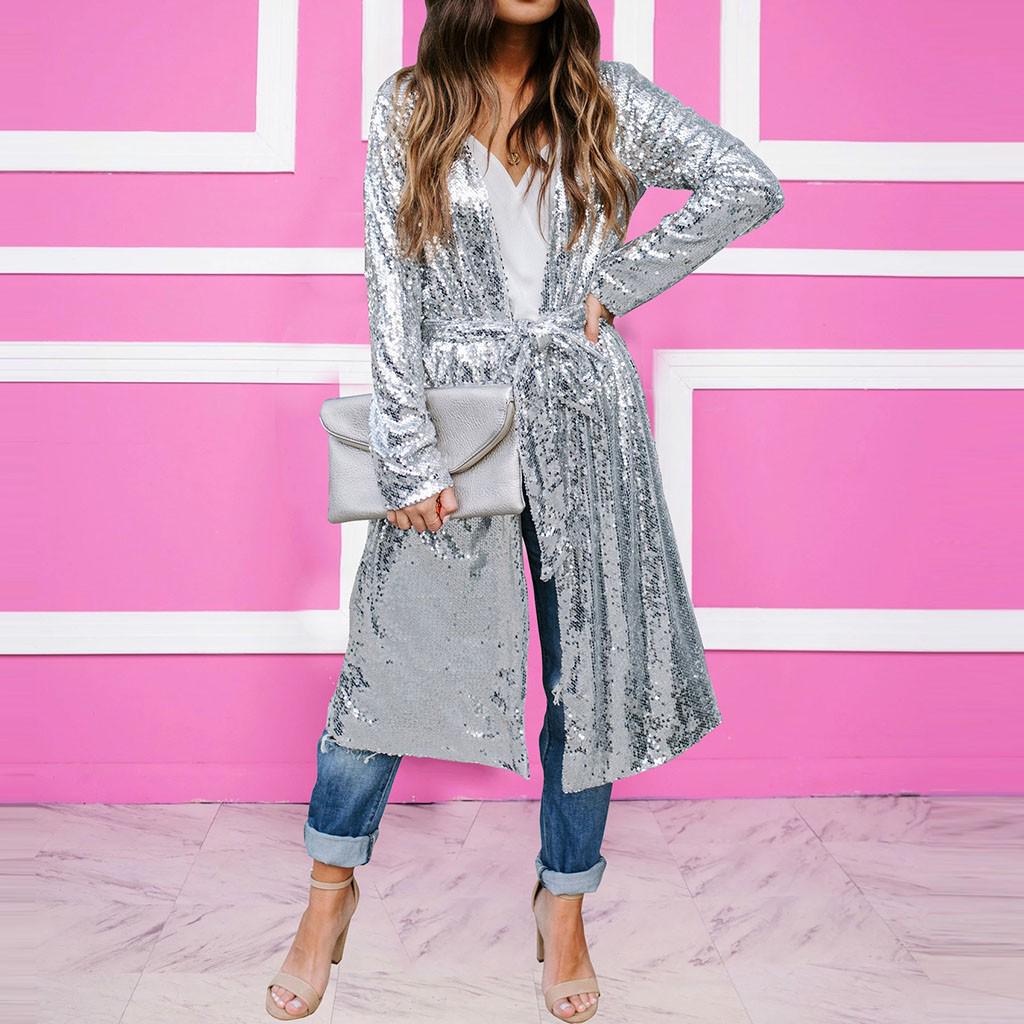 Women's Fashion Casual  Sequins Long Button Belt Coat Cardigan