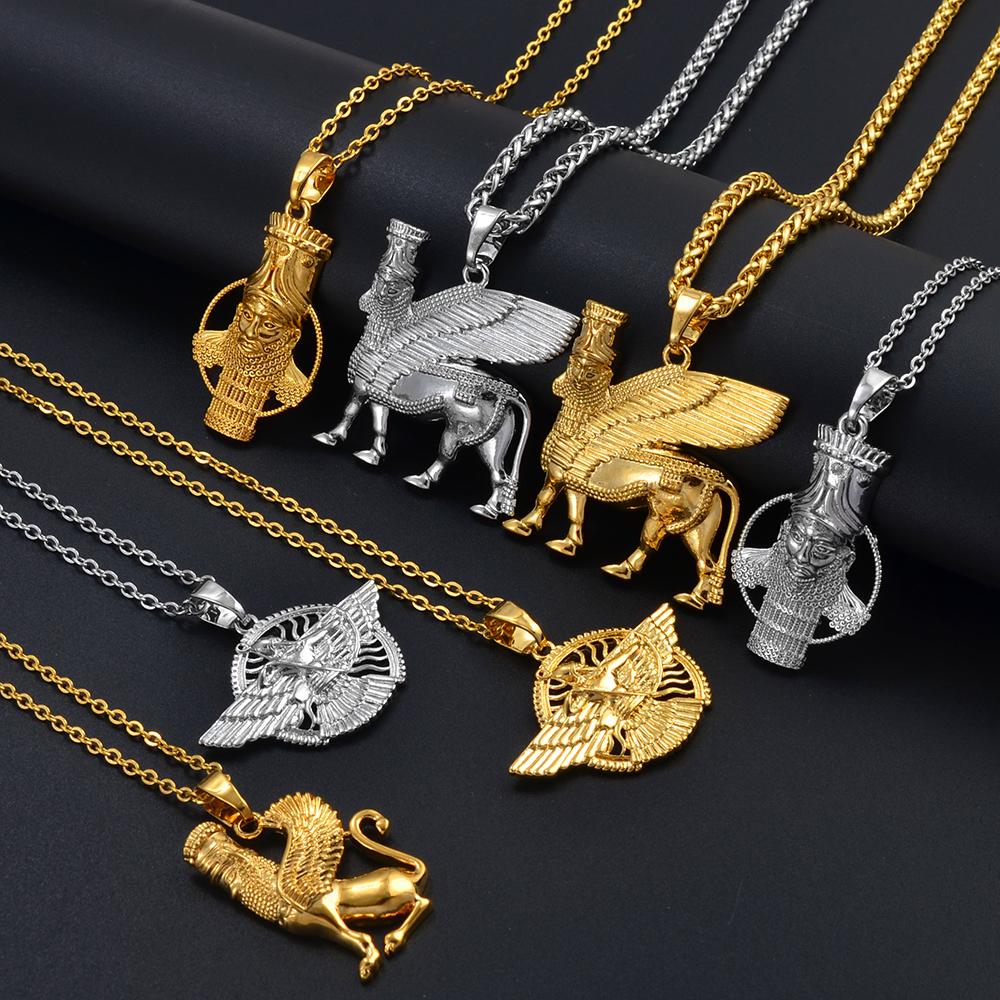 Anniyo Ashur Pendant Necklaces for Women Men Lama,Lamma,Winged Bull Lamassu is an Assyrian Protective Deity Jewelry #330806
