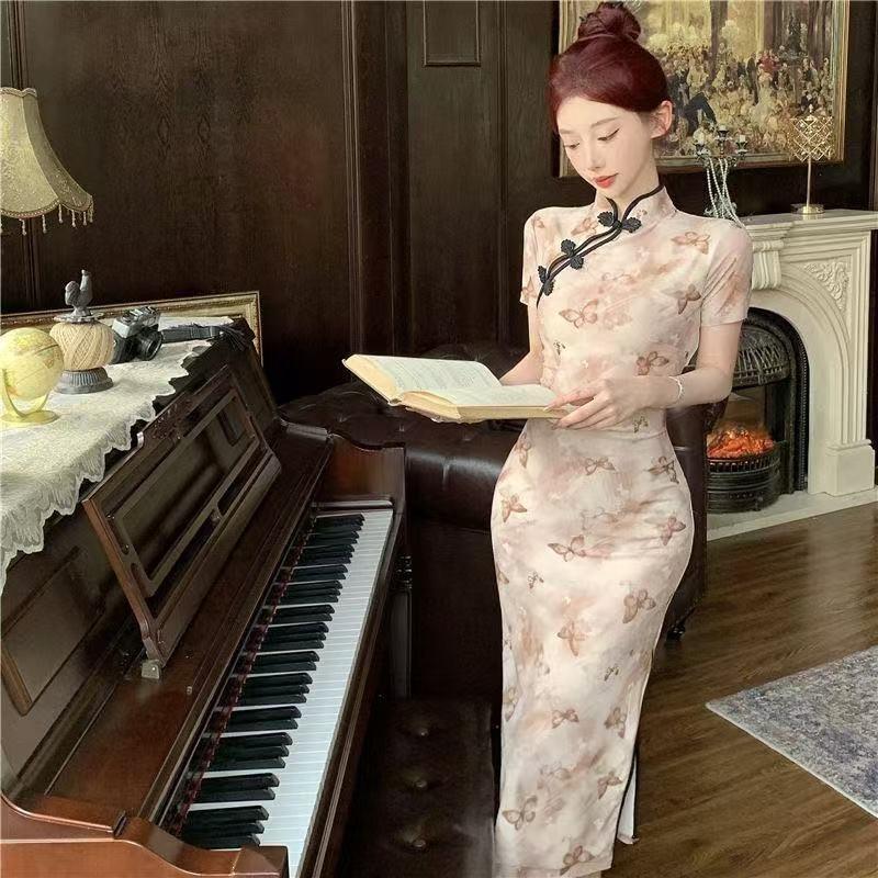 Chinese-style modified qipao printed dial button dress for women, summer wholesale slim-fit, waist-cinching, slit long dress