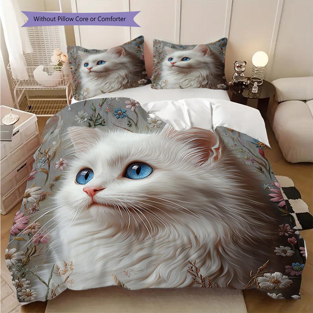 White Cat Pattern Bedding Quilt Set Quilt Cover Pillowcase Home Decoration Birthday Gift (1 * duvet cover + 2 * pillowcase, without core)