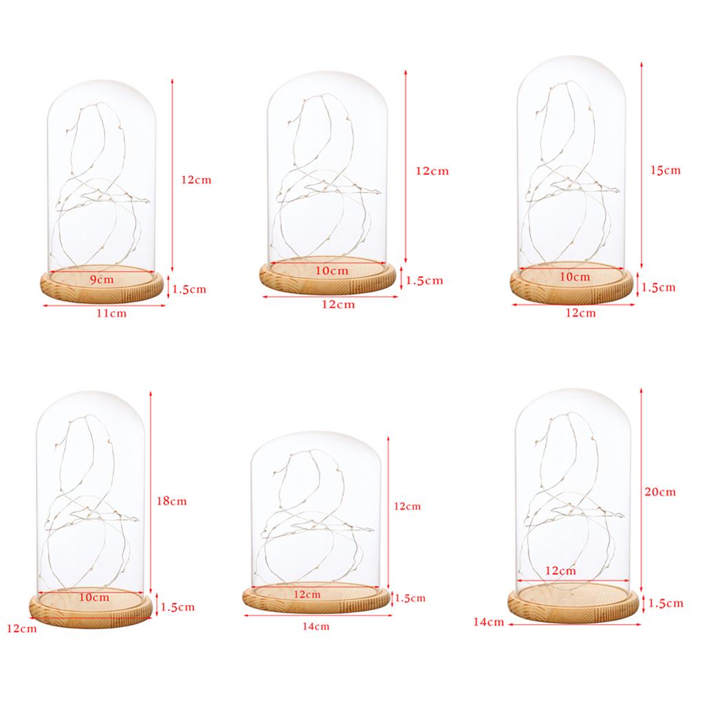 LED Light Dome Cloche Glass Display Dome with Wooden Base Fairy LED Lights for Cool Room Decoration Vase Container