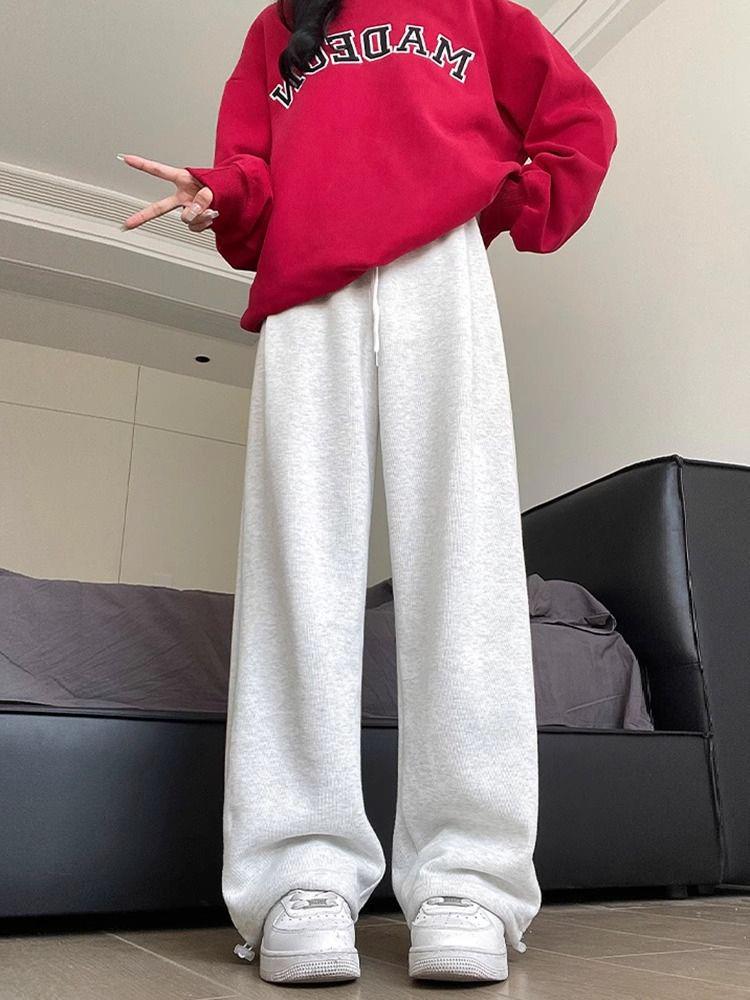 

Женские спортивные штаны молочного цвета с флисовой подкладкой: Осень/Зима 2024, Свободные джоггеры прямого кроя для повседневного американского стиля. L