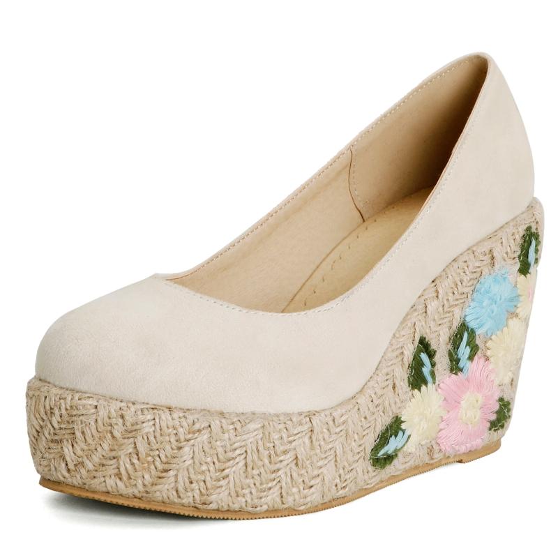 

Модные туфли на танкетке с высоким каблуком для женщин, туфли-лодочки на платформе с вышивкой и круглым носком, женские туфли на каблуке, вязаные свадебные туфли для вечеринок, большой размер 45 39 бежевый