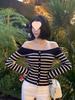 Women's Korean-Style Off-Shoulder Striped Knitwear Top - Slim-Fit, Long-Sleeved, Chic Spring/Autumn Fashion