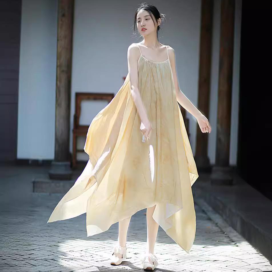 Cool new Chinese irregular design plant dyed suspender skirt cotton zen style