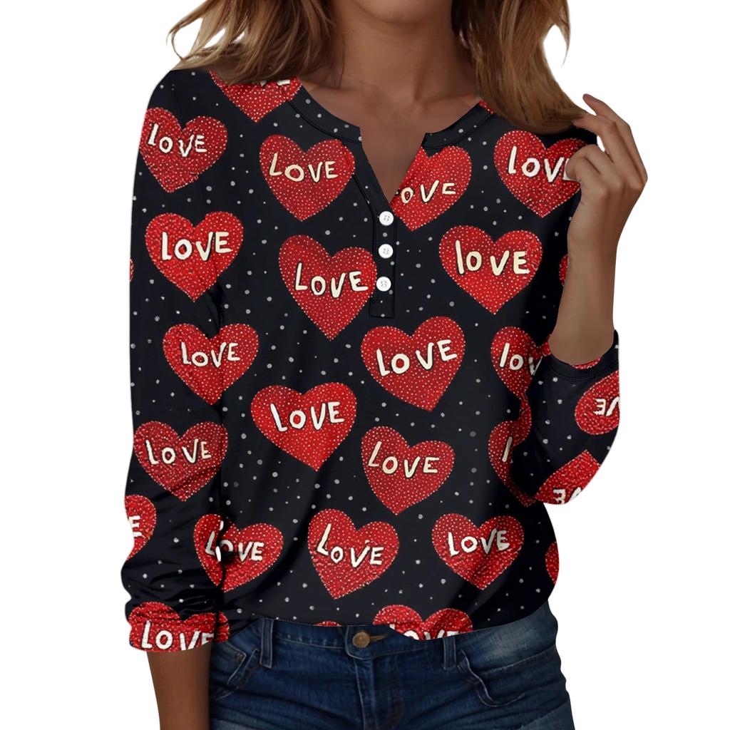 Damen T-Shirt mit Weihnachtsdruck, Knopfleiste, lange Ärmel, für den Alltag, Wochenende, modisch, Basic, V-Ausschnitt, normales Oberteil