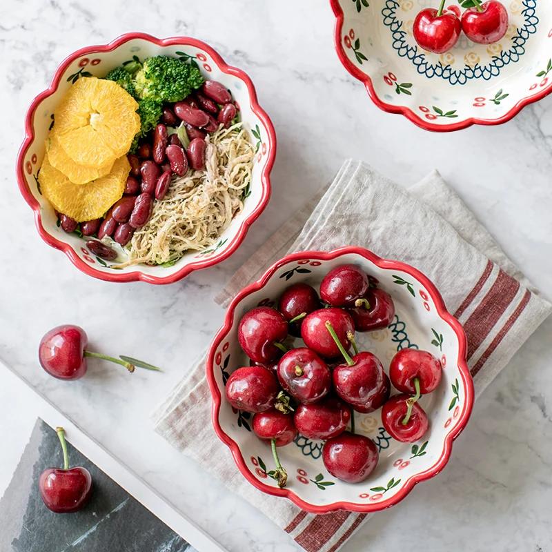 1pc Red Cherry Design Bowl Ceramic Salad Bowl Pasta Oatmeal Bowl Pudding Backing Bowl Microwave Safe Dinnerware