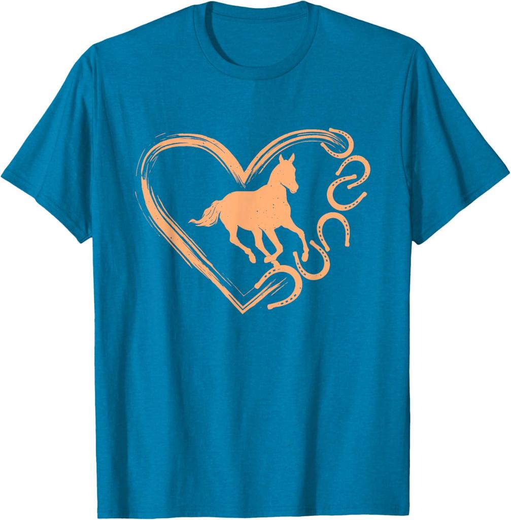 Pferdeherz Hufeisen Grafik Lässiges Baumwoll-T-Shirt Reitliebhaber Tee