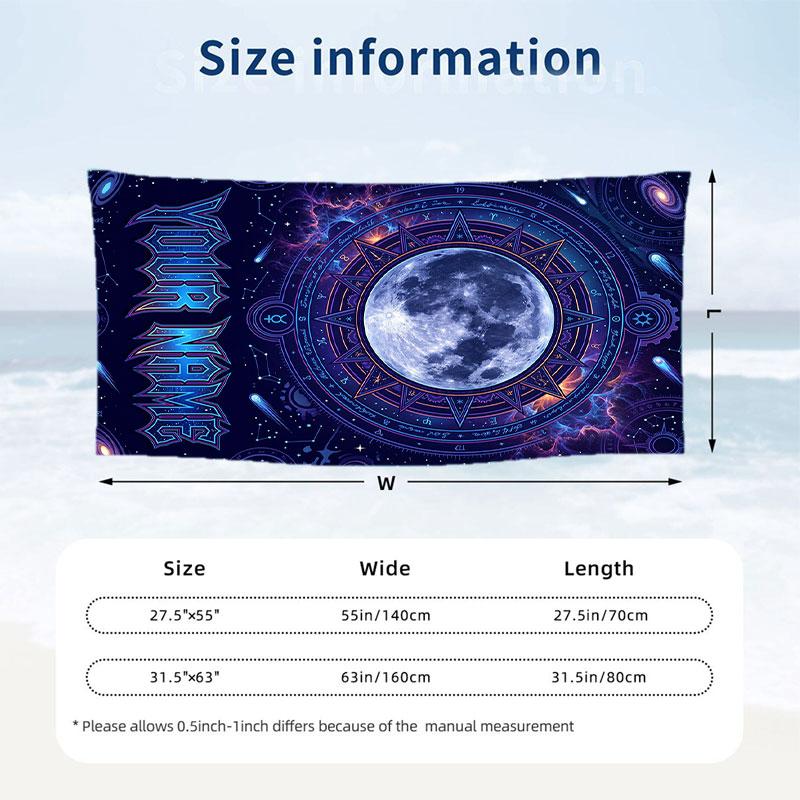 Cosmic Moon Mandala Art Theme Quick Dry Beach Towel Custom Name Text Print Large Sand Resistant Towel Beach Vacation