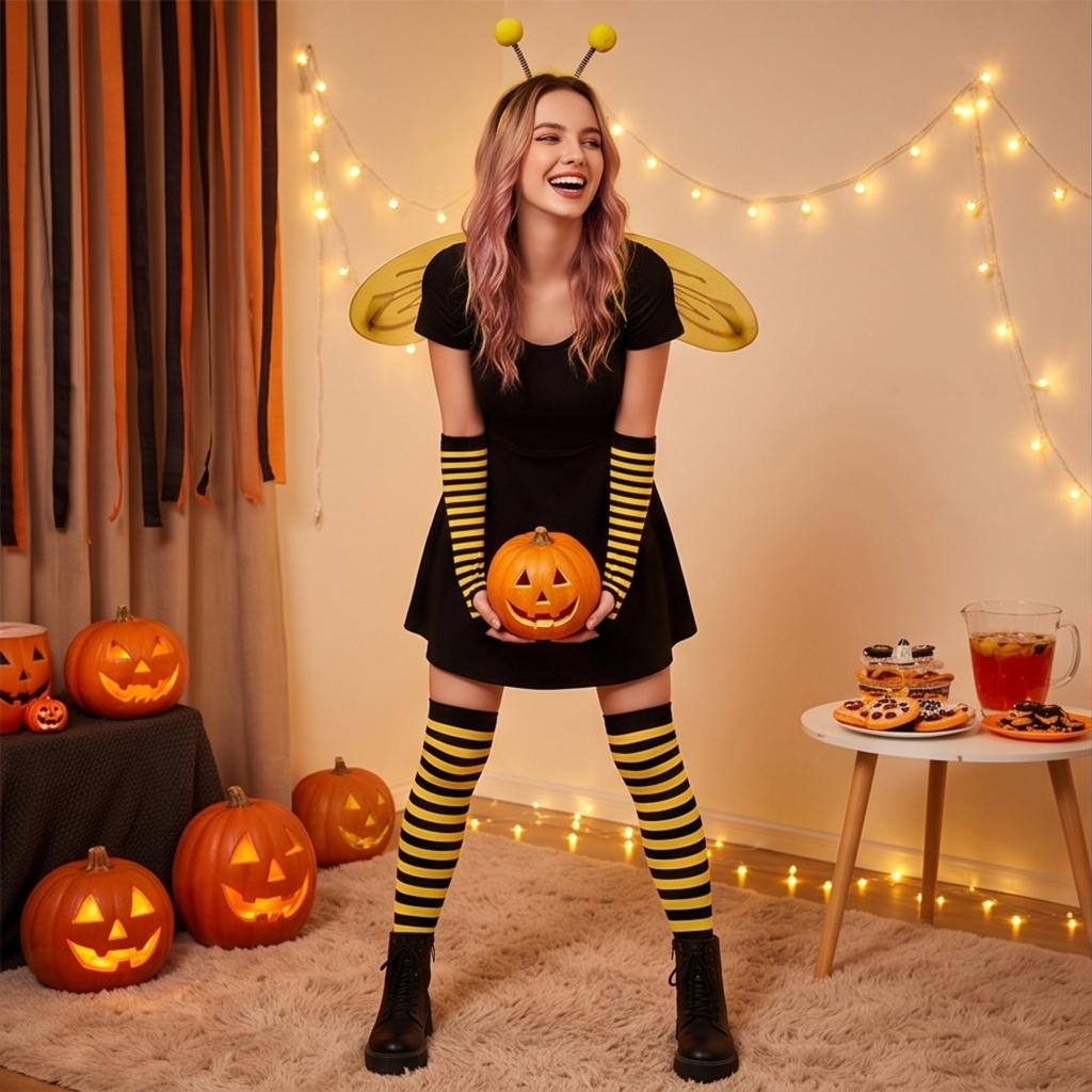 Women's Halloween Striped Over-the-Knee Socks and Gloves Set, Colorful Matching Party Costume Accessories