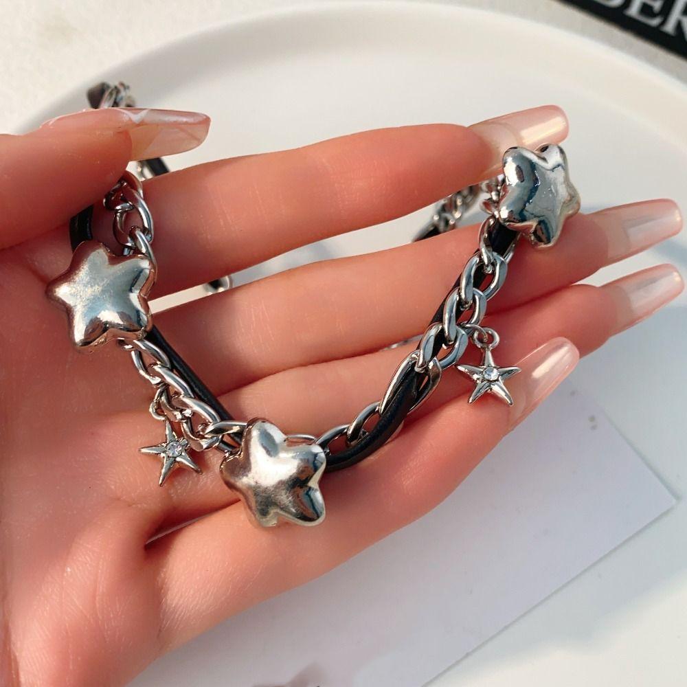 Y2k Star Pendant Bracelet PU Leather Multilayer Hand Rope Cool Punk Bracelet Necklace  Party
