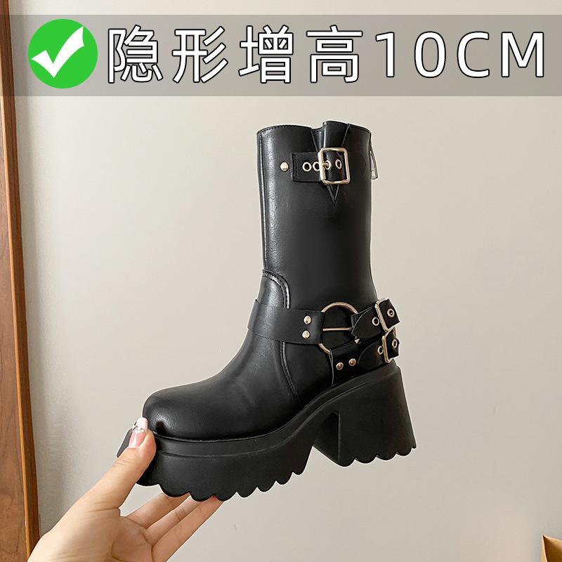 

New autumn and winter heightening belt buckle versatile short boots thick-soled medium tube fashion boots Martin boots 39