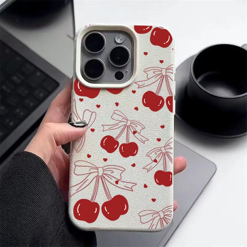 Leather Texture TPU Soft Phone Case For iPhone 16 Pro Max 15 Pro 14 13 12 11 Bowknot Cherry Print Slim Shockproof Matte Bumper Cover