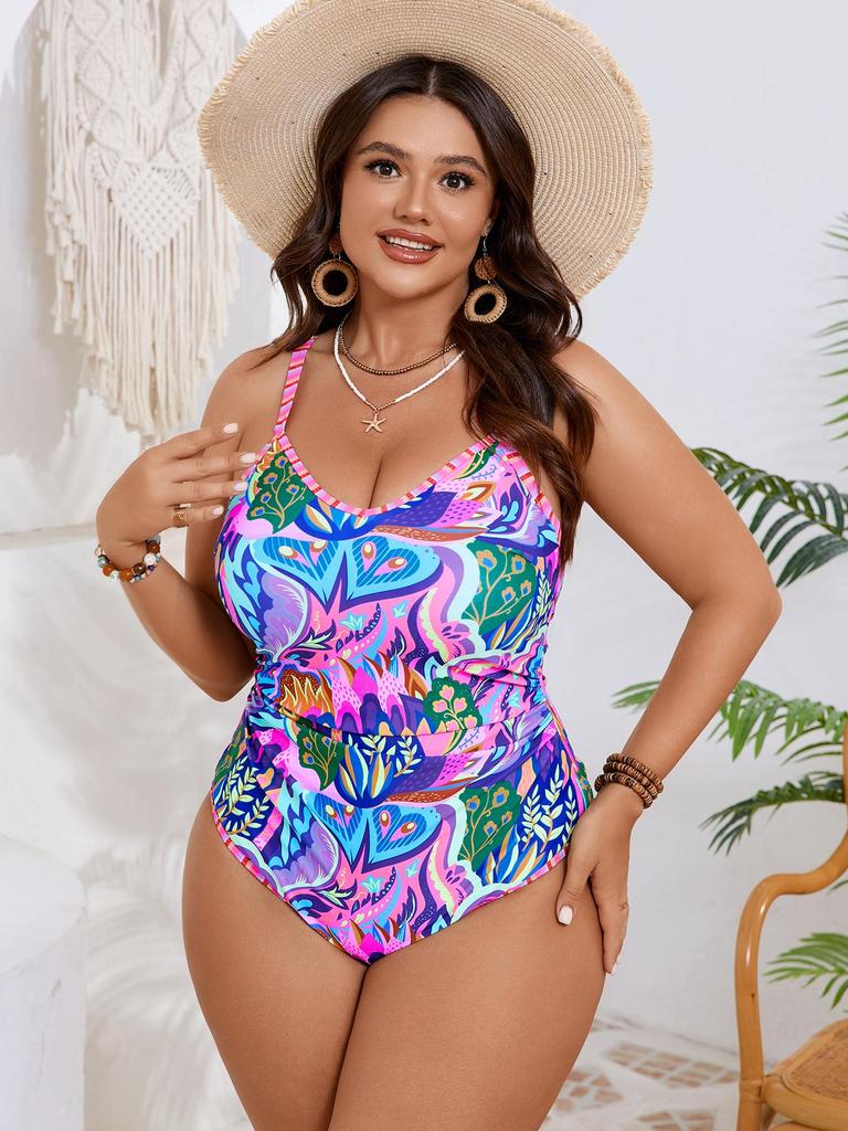Übergröße Bohème Blumenmuster Spaghettiträger Einteiler Badeanzug Damen Raffung Bauchkontrolle Kurvig Badeanzug 3XL 4XL 5XL