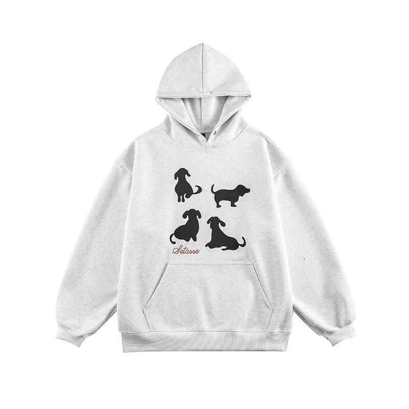 Unisex Oversized Hoodie With Vintage Dog Print - Japanese Streetwear Style Cotton Blend Casual Wear