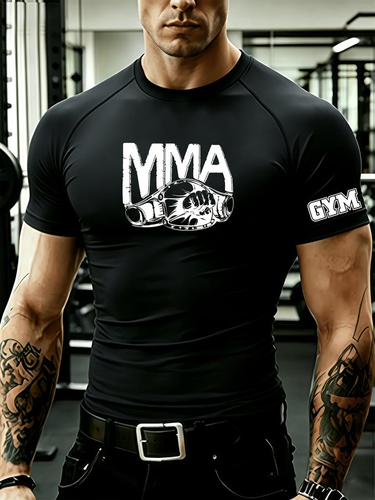 Men's High Elastic Breathable Compression Fitness Short Sleeves, MMA Fighting Graphic Logo