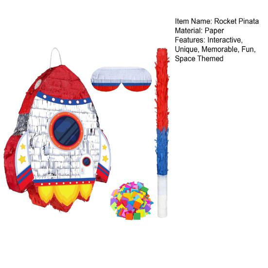 Pull String Rocket Ship Pinata Rocket Pinatas with Blindfold Bat Stick Confetti for Kids Space Themed Birthday Party Supplies
