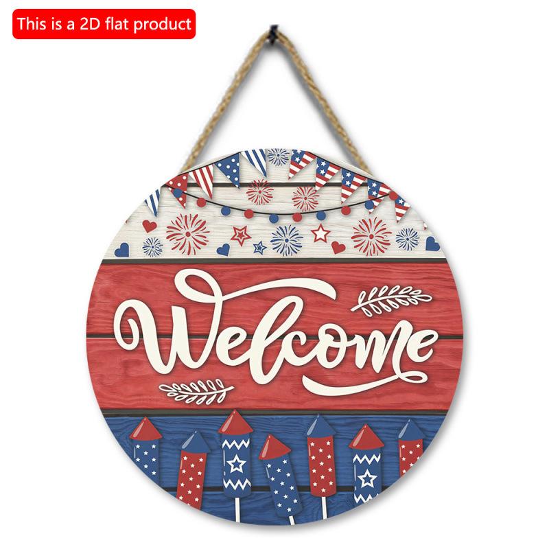 2D Flach 20cm1St. Willkommen Amerikanischer Unabhängigkeitstag Thema Runder Anhänger aus Holz, Buntes Feuerwerk&USA Flaggenmuster feiern Unabhängigkeitsparty