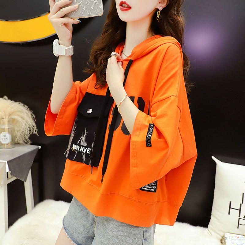 Summer Letter Printing Hoodies Women Round Neck Short Sleeve Drawstring Short Pullovers Ladies Korean Style Casual Top