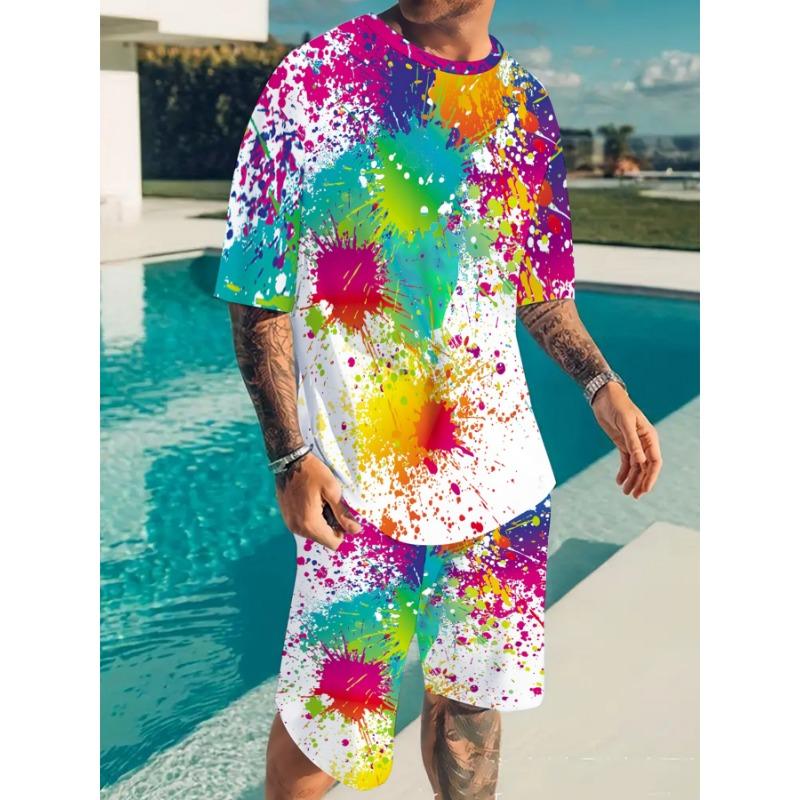 

Men s 2pcs Neon Splash Print All-Over T-Shirt & Solid White Drawstring Shorts Set - Full-Body Paint-Splatter Design in Neon Pink S
