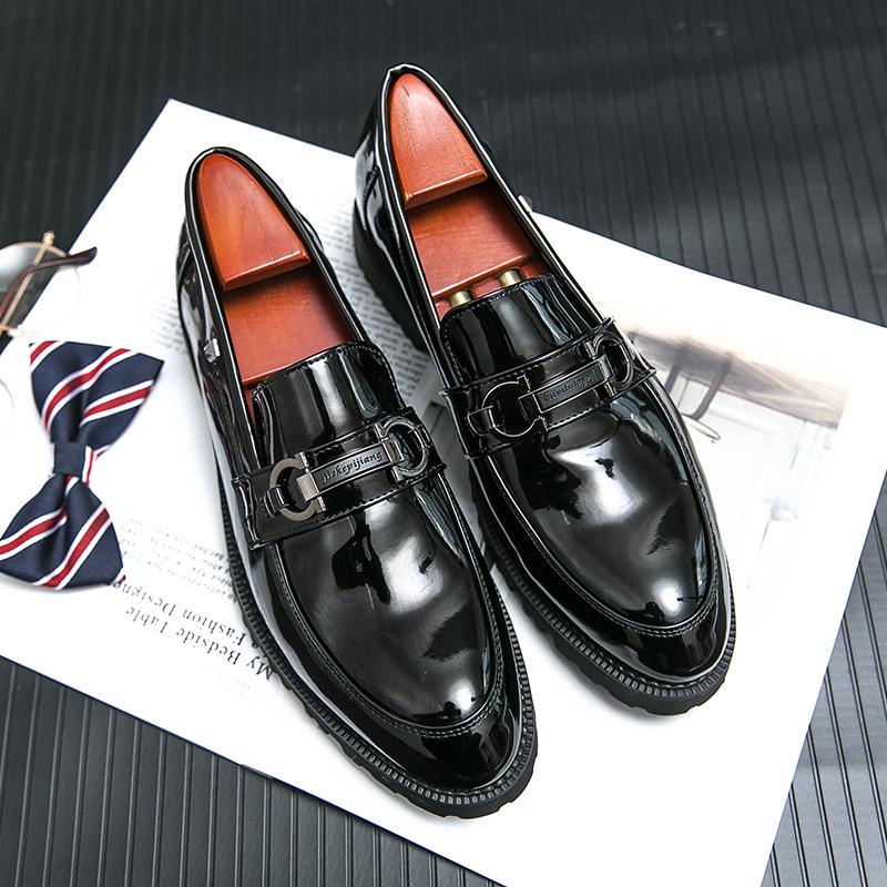 Casual leather shoes high-end thick sole inner height increase glossy retro pointed British style hair stylist