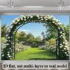 Romantic Garden Arch Backdrop, Elegant Sunny Park Scene with White Roses and Lush Greenery, Timeless and Fresh Wedding Wall Art