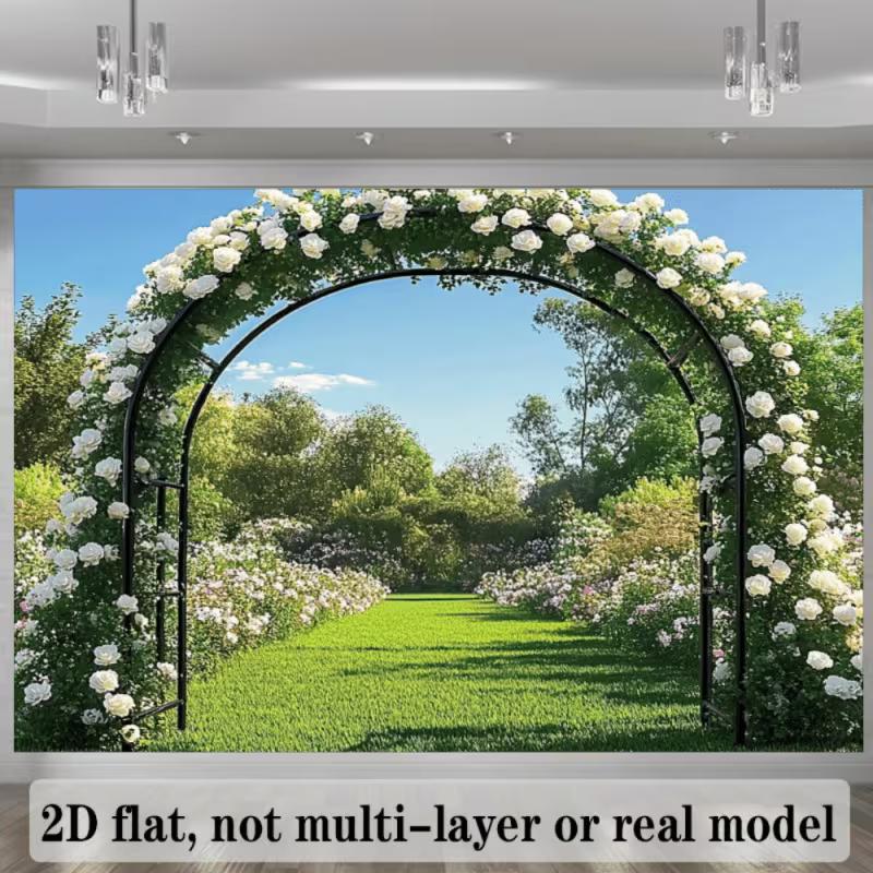 Romantic Garden Arch Backdrop, Elegant Sunny Park Scene with White Roses and Lush Greenery, Timeless and Fresh Wedding Wall Art