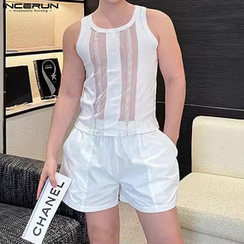 INCERUN Men Sleeveless Patchwork Mesh Sheer Tank Tops See Through Vest