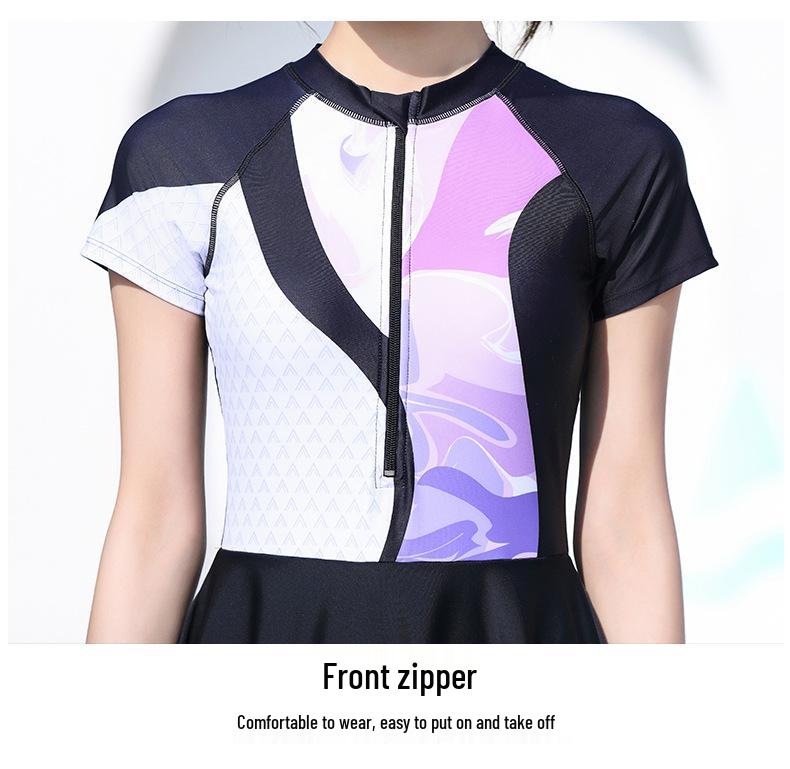 2026 Women's One-Piece Skirted Swimsuit, Short Sleeve, Plain Patchwork Design, Customizable.