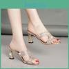 Mules Donna Tacco Strass Sandali Chunky Punta Aperta Rotonda Slip-On Tacchi a Blocco Senza Tallone Pantofole Estive Moda Zeppe Dorate Scarpe Décolleté