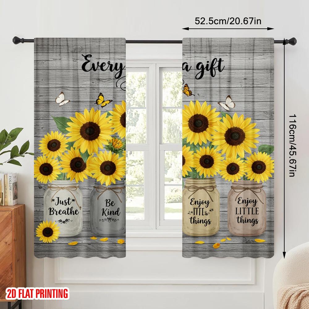 2pcs 2D Flat Printing Window Curtains Sunflowers Mason Jars Butterflies Polyester Without Electricity All Season Party & Holiday