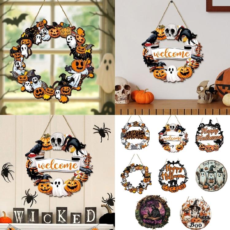 Halloween Türschild Dekoration Hängend Holz Wanddekoration Rustikal Haustür Hänger für Zuhause Zimmer Innen Außen Feiertag