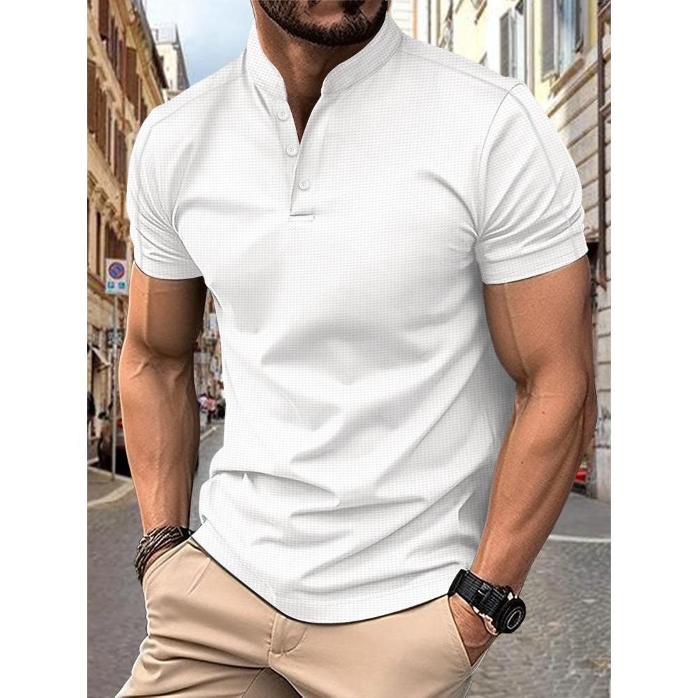 Men's short-sleeved polo shirt with a stand-up collar and waffle henley neckline