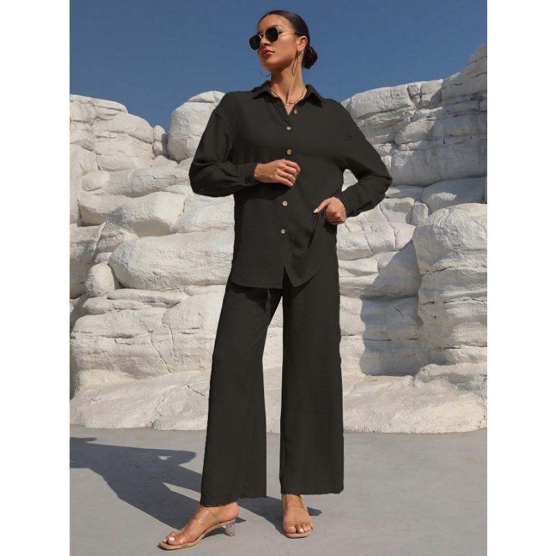 YYFS Damemote Uformelt Vår Høst Ensfarget trykk Langermet POLO Neck Bukser Bukser Drakter