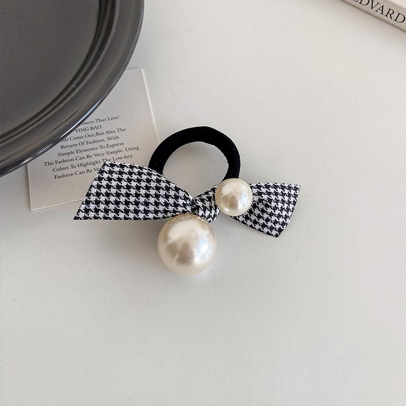 Simple Thousand-bird Check Knotted Hair Tie, Large Pearl Elegant Leather Band, Women's Hair Tie, Hair Accessory, Hair Tie