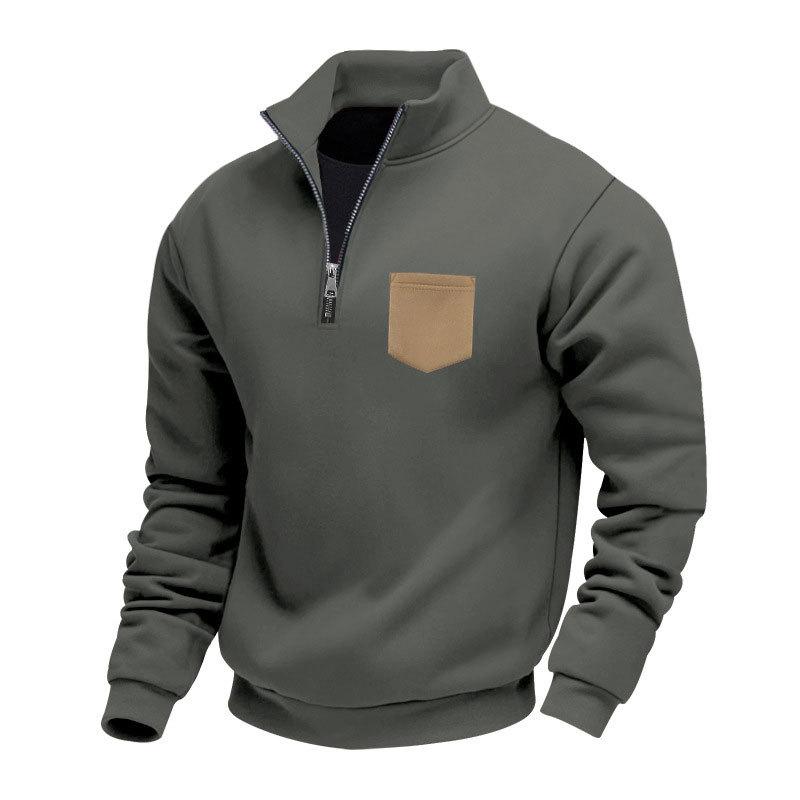 New Autumn/Winter Heavyweight Fleece-Lined Oversized Solid-Colour Patch Pocket Half-Zip Stand-Up Collar Men's Sweatshirt
