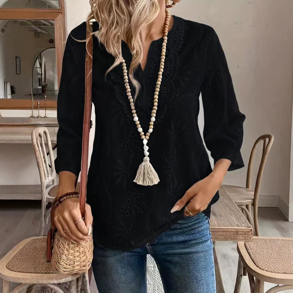 Women's V Neck 3/4 Flare Sleeve Hollow Eyelet Embroidery Blouse Loose Boho Lace Cutwork Top