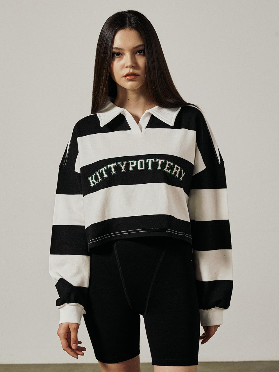 Kitty Pottery Stripe Crop Collar Sweat Shirts [Ivory] Ivory/Free