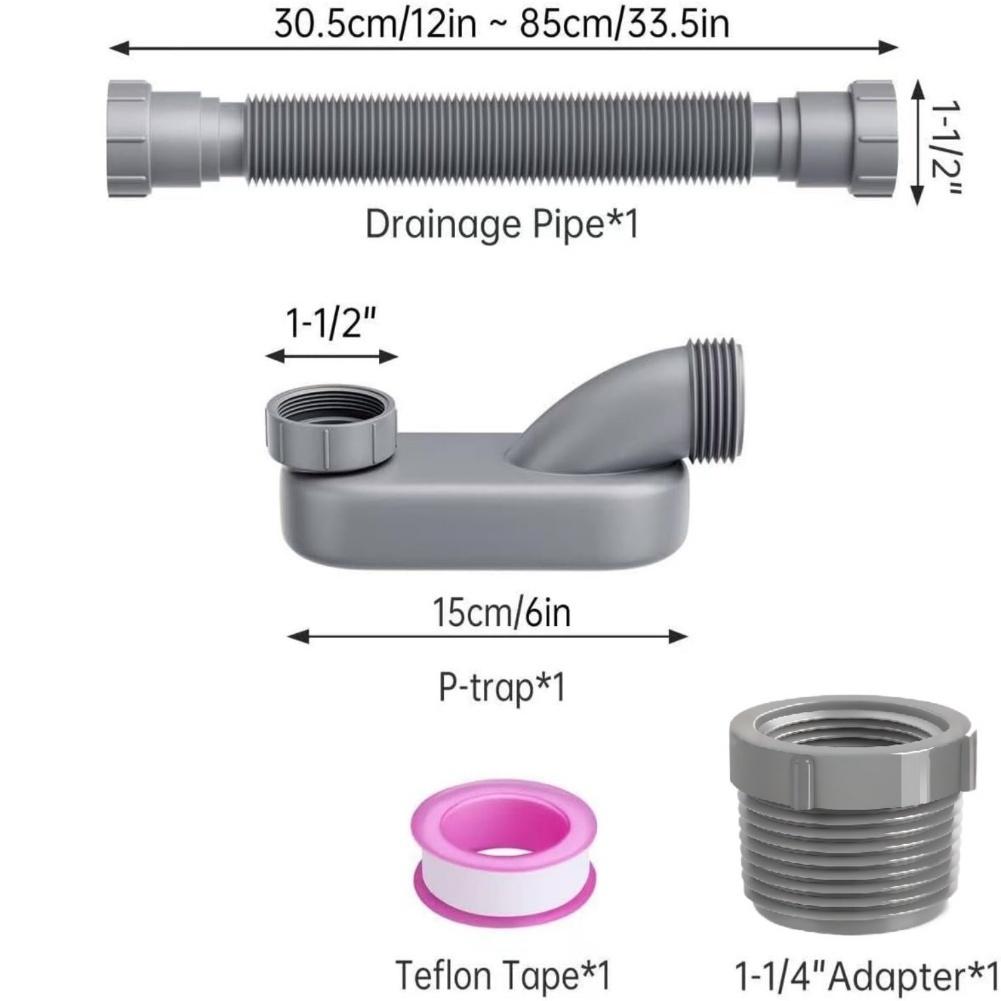Low Profile Drain Pipe Kit with Flat P Trap for Freestanding Bathtub RV Flexible Bendable Polypropylene 12-33.5 Inch