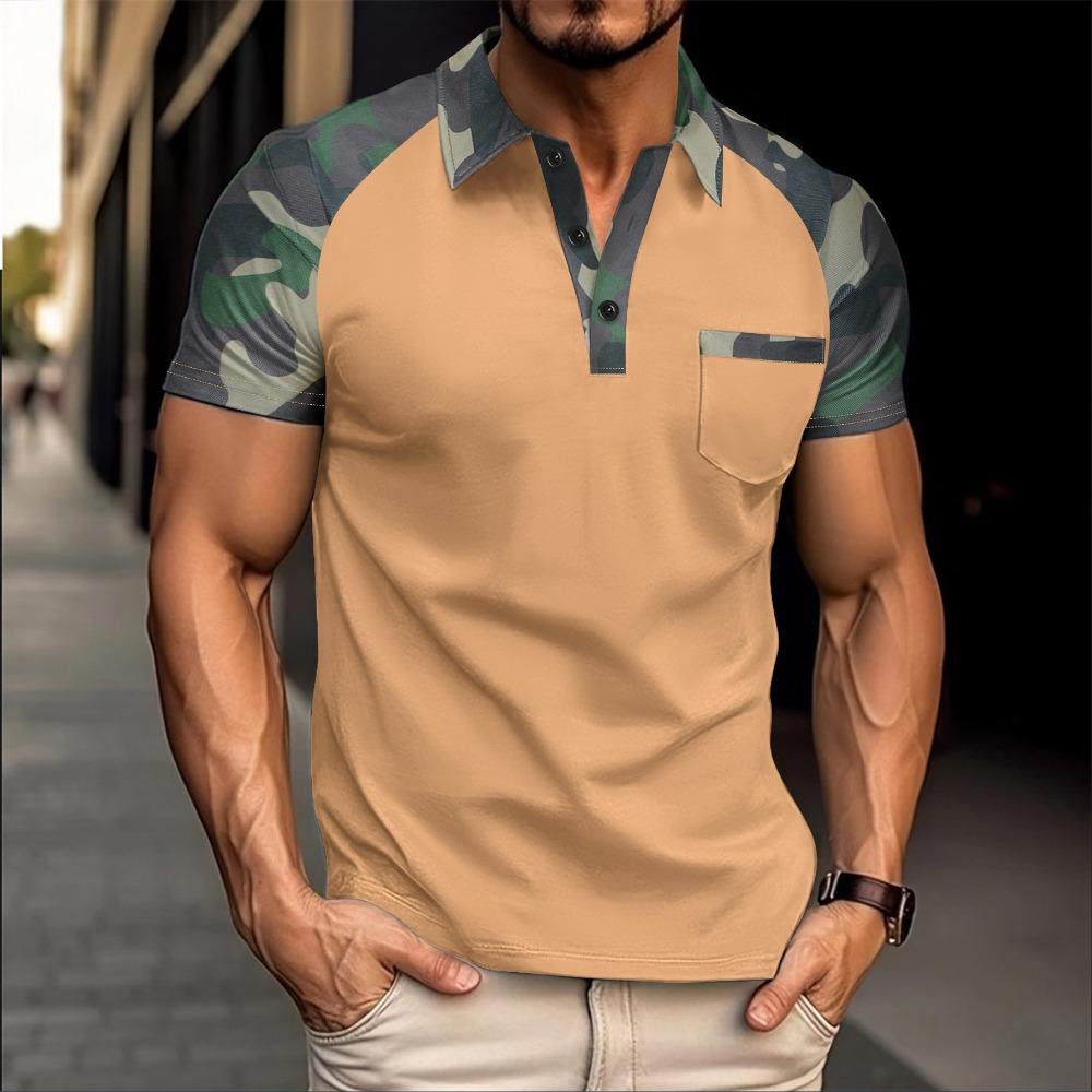 New hot selling summer outdoor camouflage color blocked men's lapel pocket button polo shirt short sleeved shirt