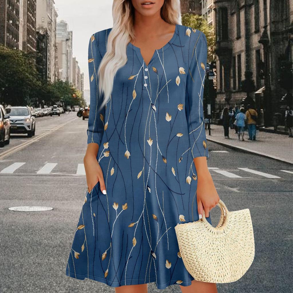 Women's Summer Dress Loose V Neck Three-quarter Sleeve Sundress With Pockets Dress